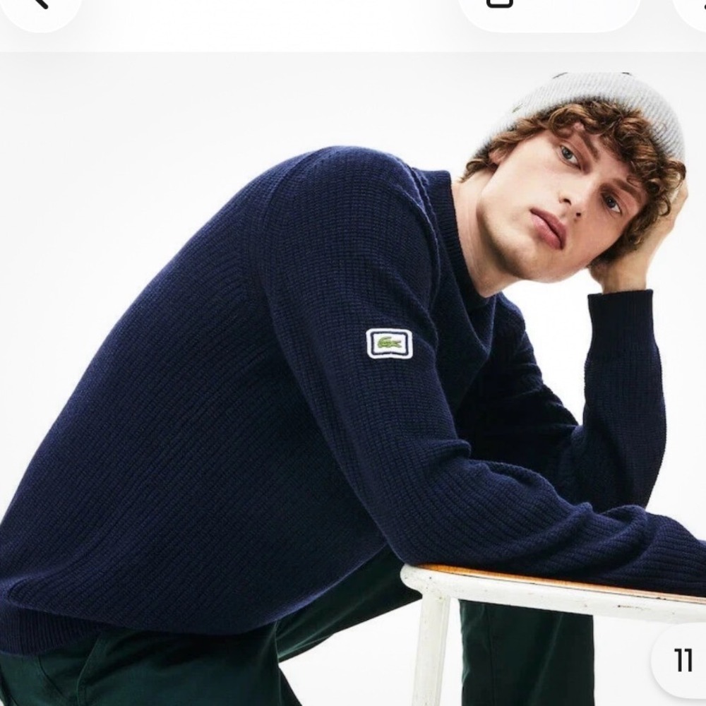Lacoste Mens Ribbed Wool Alpaca Blend‎ Crewneck Sweater Navy Blue XL